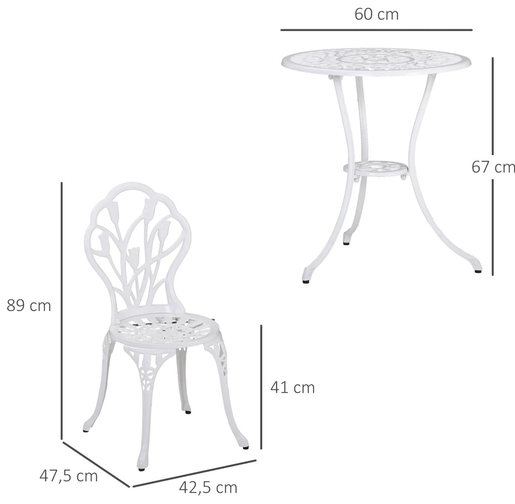 Outsunny Σετ επίπλων για 2 άτομα, σετ τραπεζαρίας κήπου, 1 τραπέζι + 2 καρέκλες με οπή ομπρέλας, αλουμίνιο, λευκό