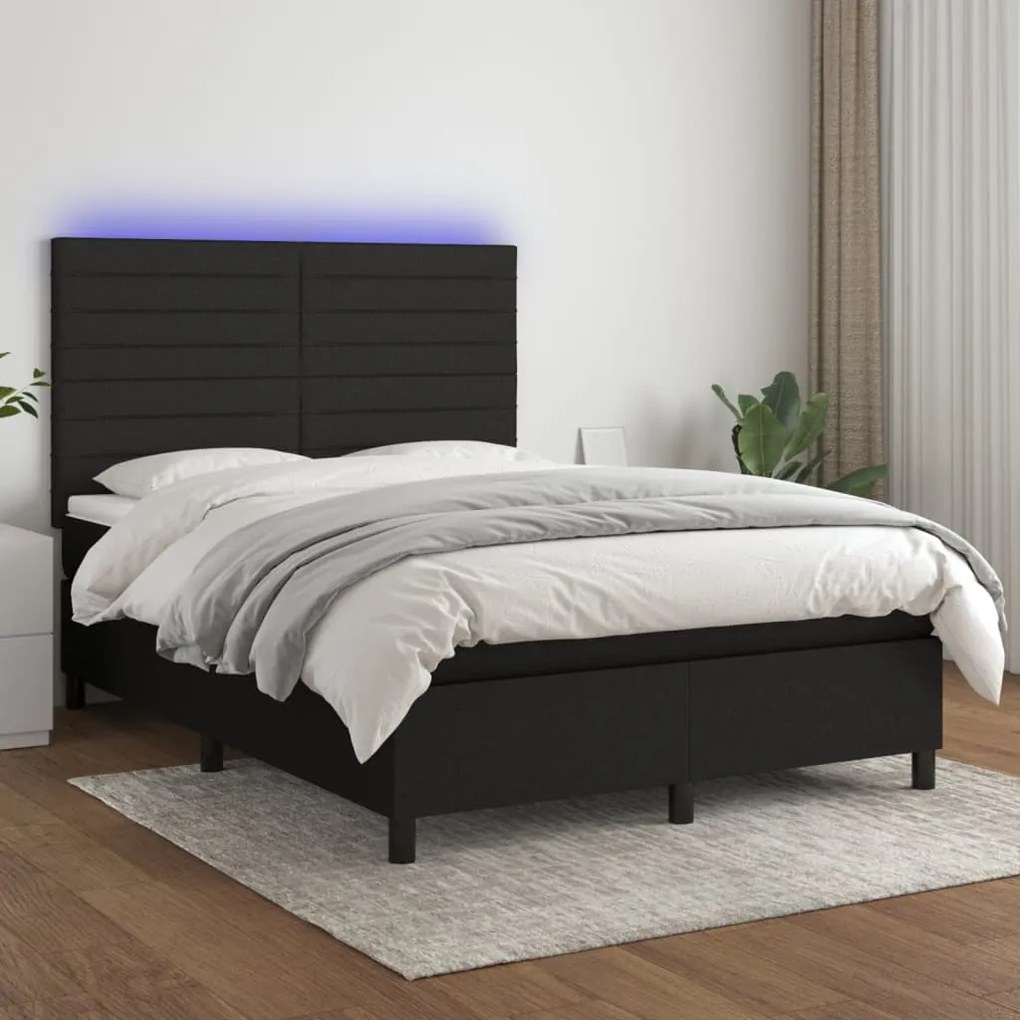 Κρεβάτι Boxspring με Στρώμα & LED Μαύρο 140x200 εκ. Υφασμάτινο