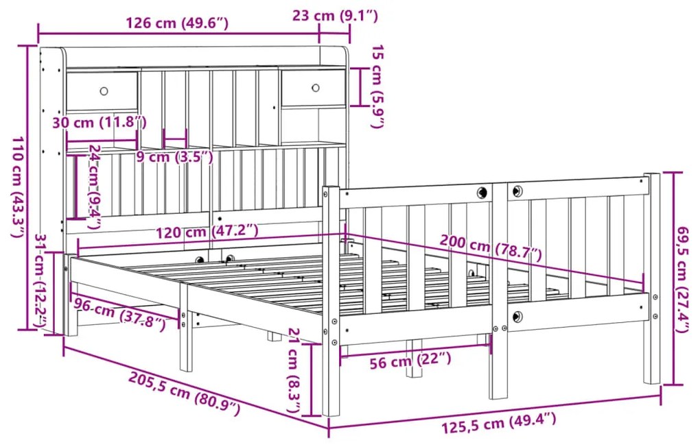Κρεβάτι Βιβλιοθήκη Χωρίς Στρώμα 120x200 εκ Μασίφ Ξύλο Πεύκο - Λευκό