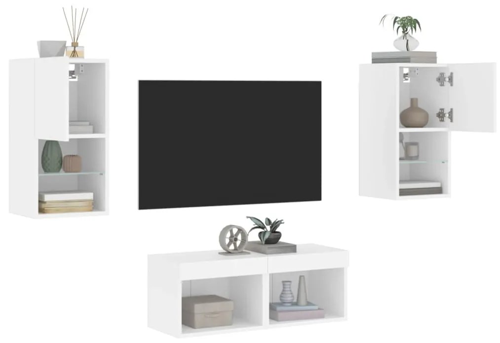 vidaXL Ντουλάπια Τηλεόρασης Τοίχου 4 Τεμ. με Φώτα LED Λευκά