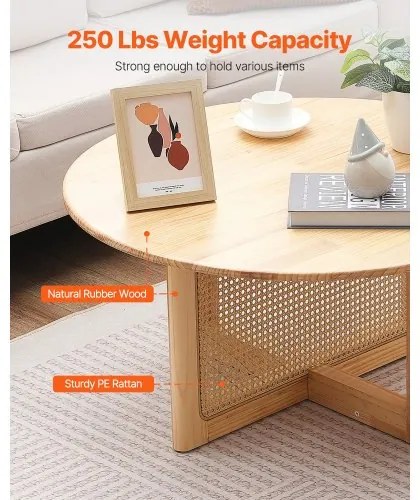 VEVOR Rattan Coffee Table Round Wood Coffee Table Single Tier for Living Room