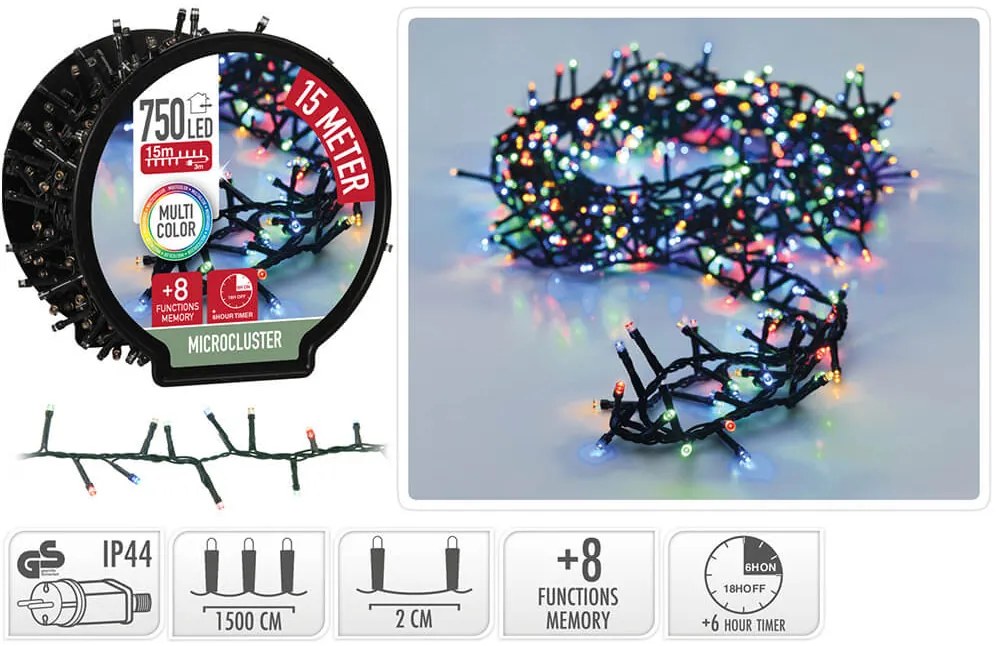 750 Φωτάκια LED - 15 Μέτρα + 3 Μέτρα σύνδεσης , Kανονική Διάταξη, με χειριστήριο, 8 προγράμματα, Πράσινο καλώδιο PVC - Πολύχρωμο