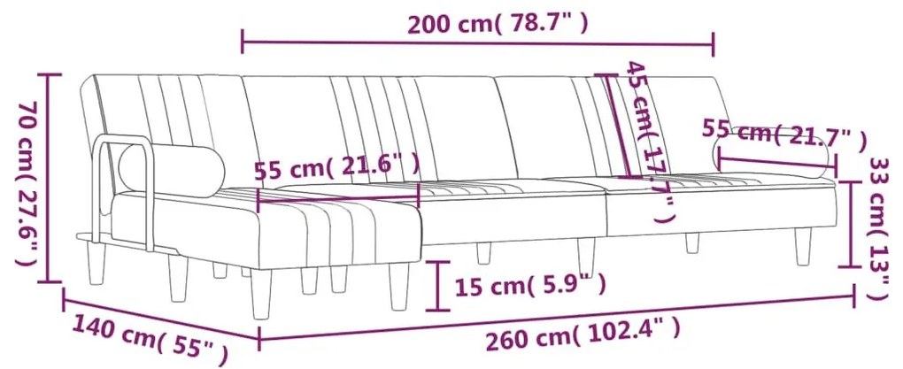 Καναπές Κρεβάτι Γωνιακός Μαύρος 260 x 140 x 70 εκ. Βελούδινος - Μαύρο