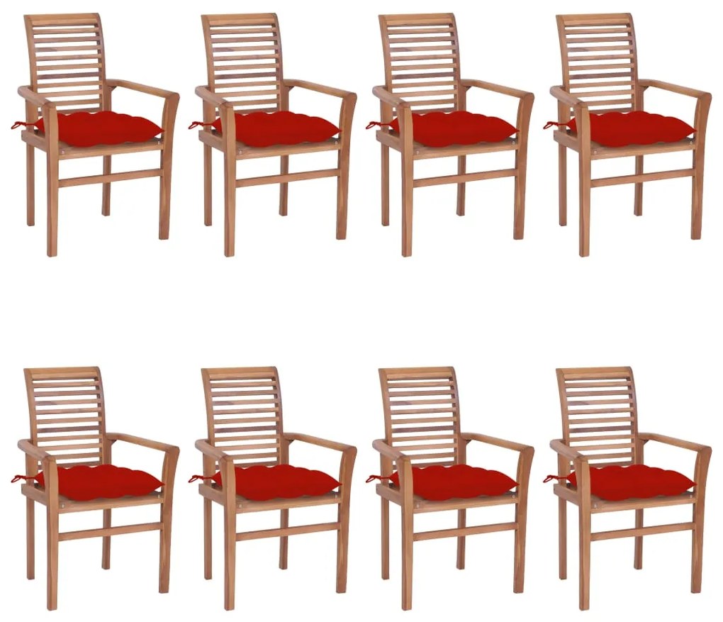 vidaXL Καρέκλες Τραπεζαρίας 8 τεμ. Μασίφ Ξύλο Teak & Κόκκινα Μαξιλάρια