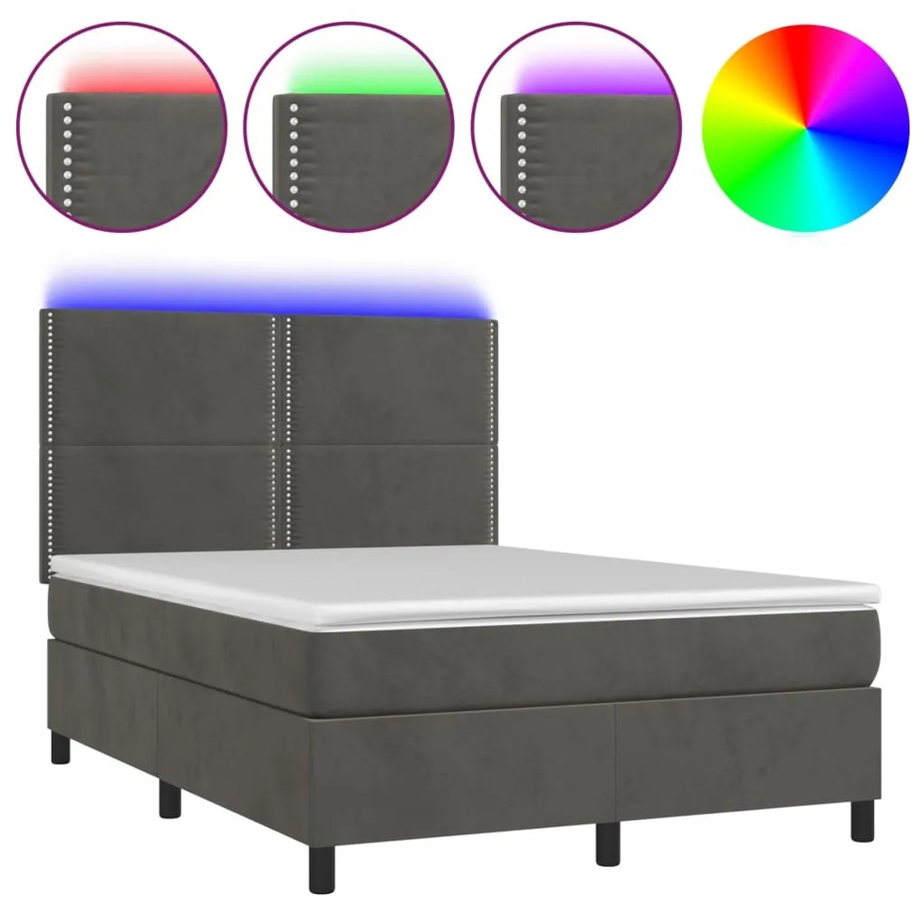 vidaXL Κρεβάτι Boxspring με Στρώμα & LED Σκ. Γκρι 140x200εκ. Βελούδινο