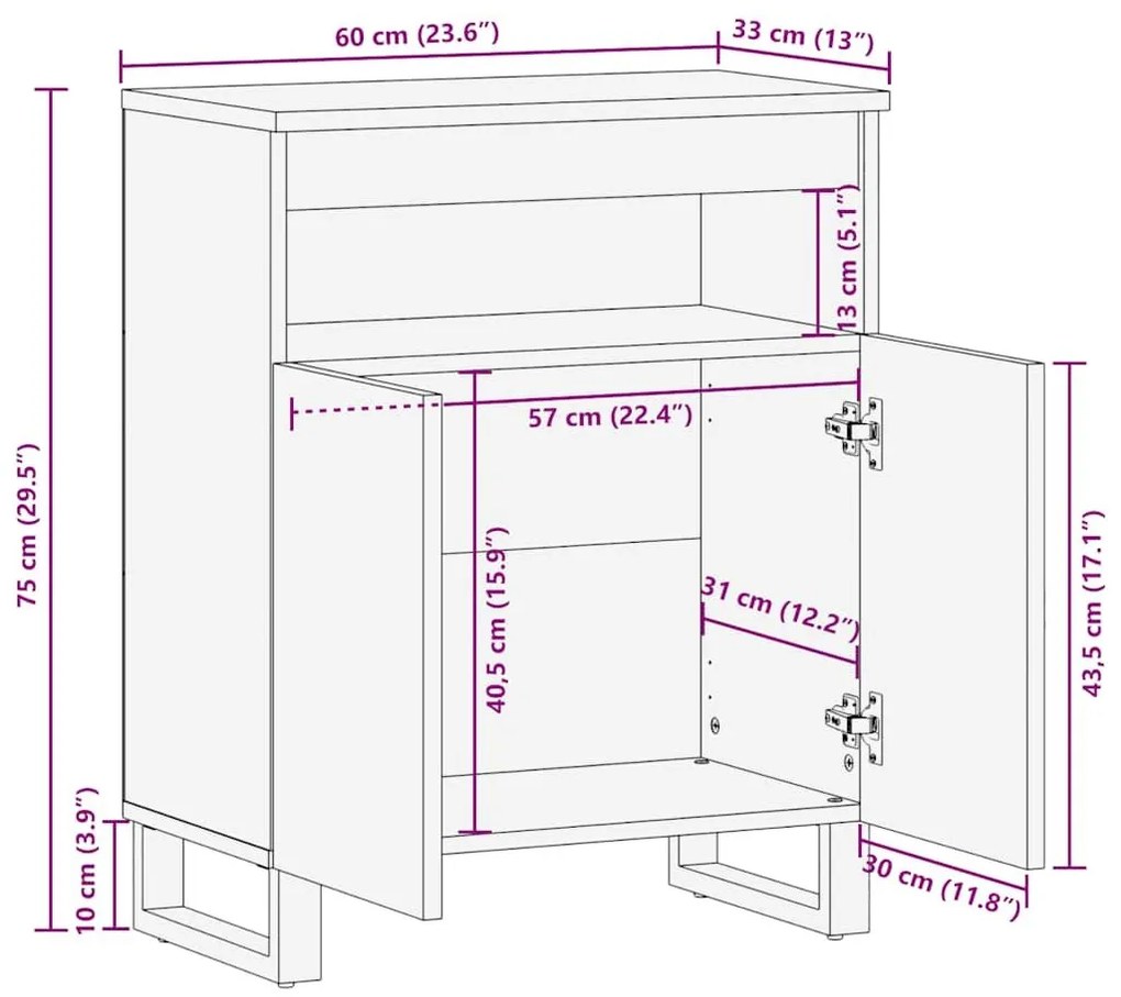 Μπουφές Μαύρο 60x33x75 cm Μασίφ Ξύλο Μάνγκο - Μαύρο