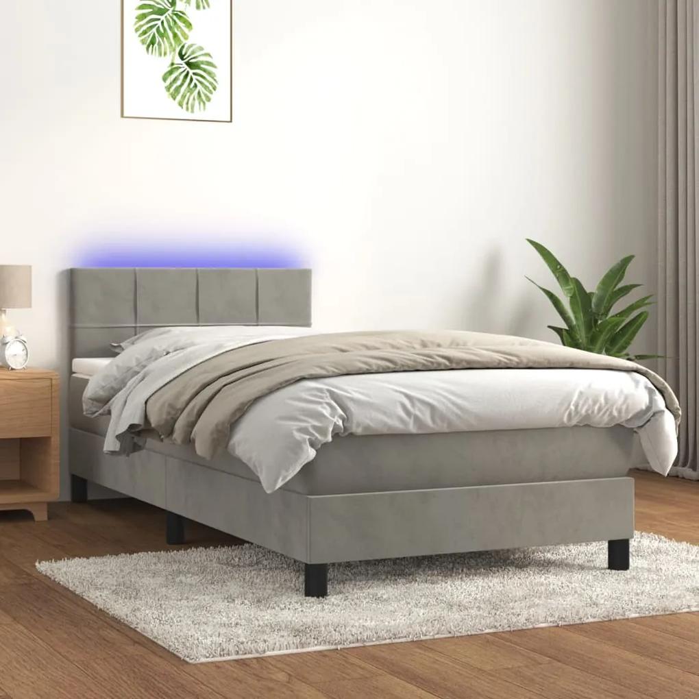 vidaXL Κρεβάτι Boxspring με Στρώμα & LED Αν.Γκρι 100x200 εκ. Βελούδινο