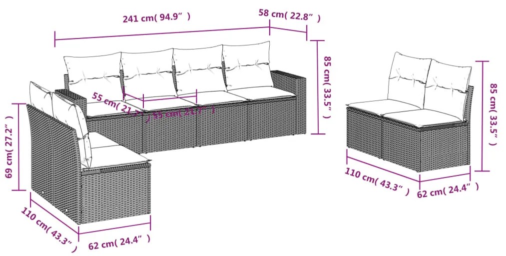 vidaXL Σαλόνι Κήπου 8 Τεμαχίων Μαύρο από Συνθετικό Ρατάν με Μαξιλάρια