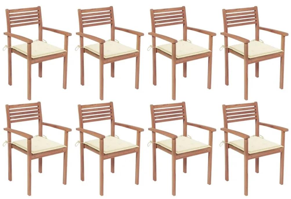 Καρέκλες Κήπου Στοιβαζόμενες 8 τεμ. Μασίφ Ξύλο Teak &amp; Μαξιλάρια - Κρεμ