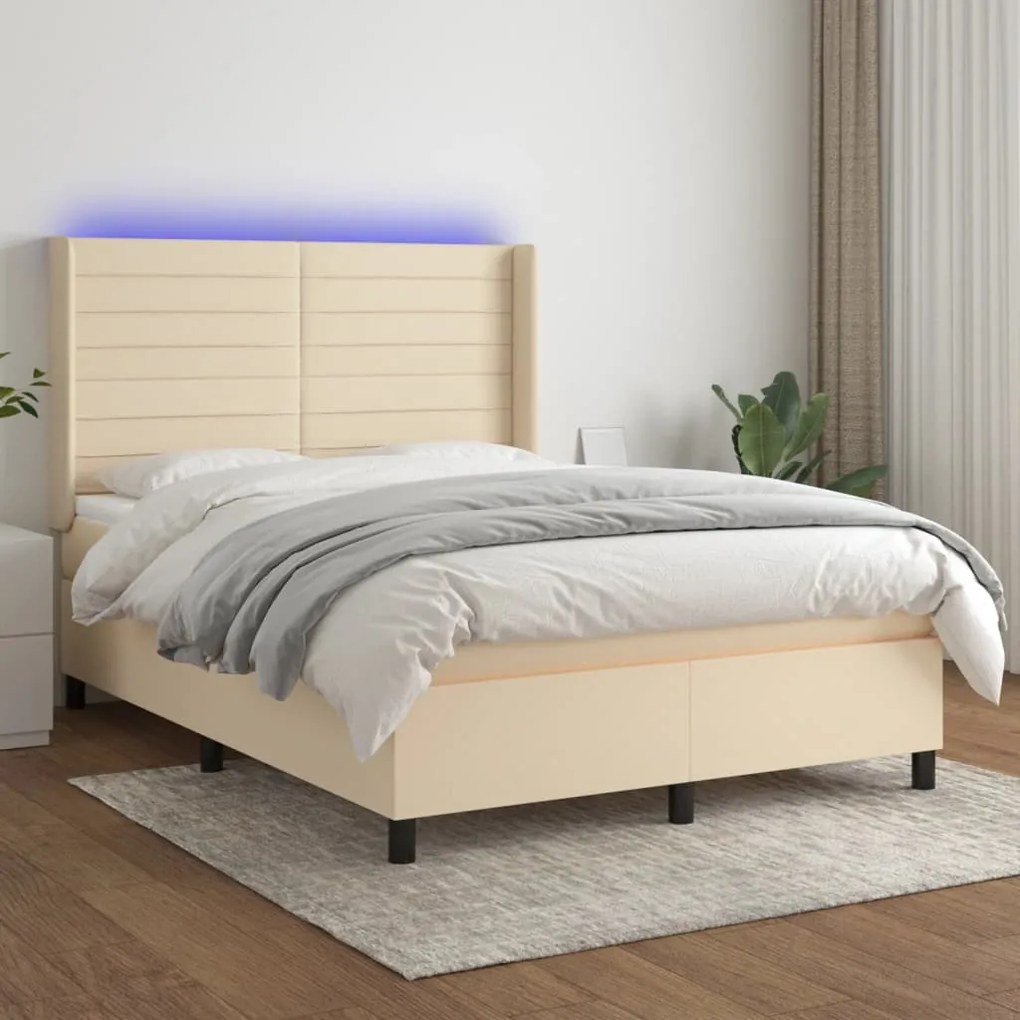 Κρεβάτι Boxspring με Στρώμα &amp; LED Κρεμ 140x200 εκ. Υφασμάτινο