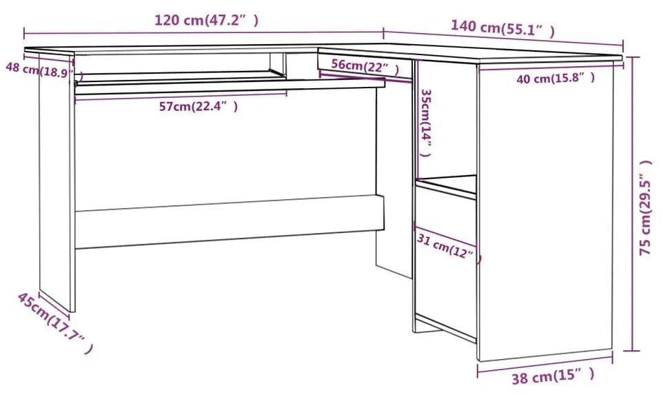 vidaXL Γραφείο Γωνιακό Γκρι Σκυροδέματος 120x140x75 εκ. Επεξ. Ξύλο