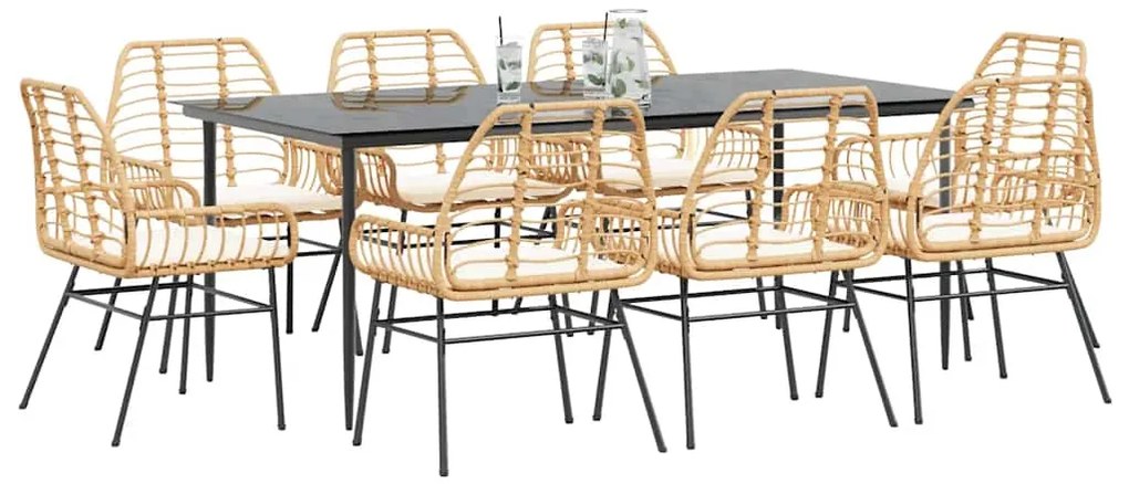 vidaXL Σετ Τραπεζαρίας Κήπου 9 τεμ. Καφέ Συνθ.Ρατάν/Γυαλί με Μαξιλάρια