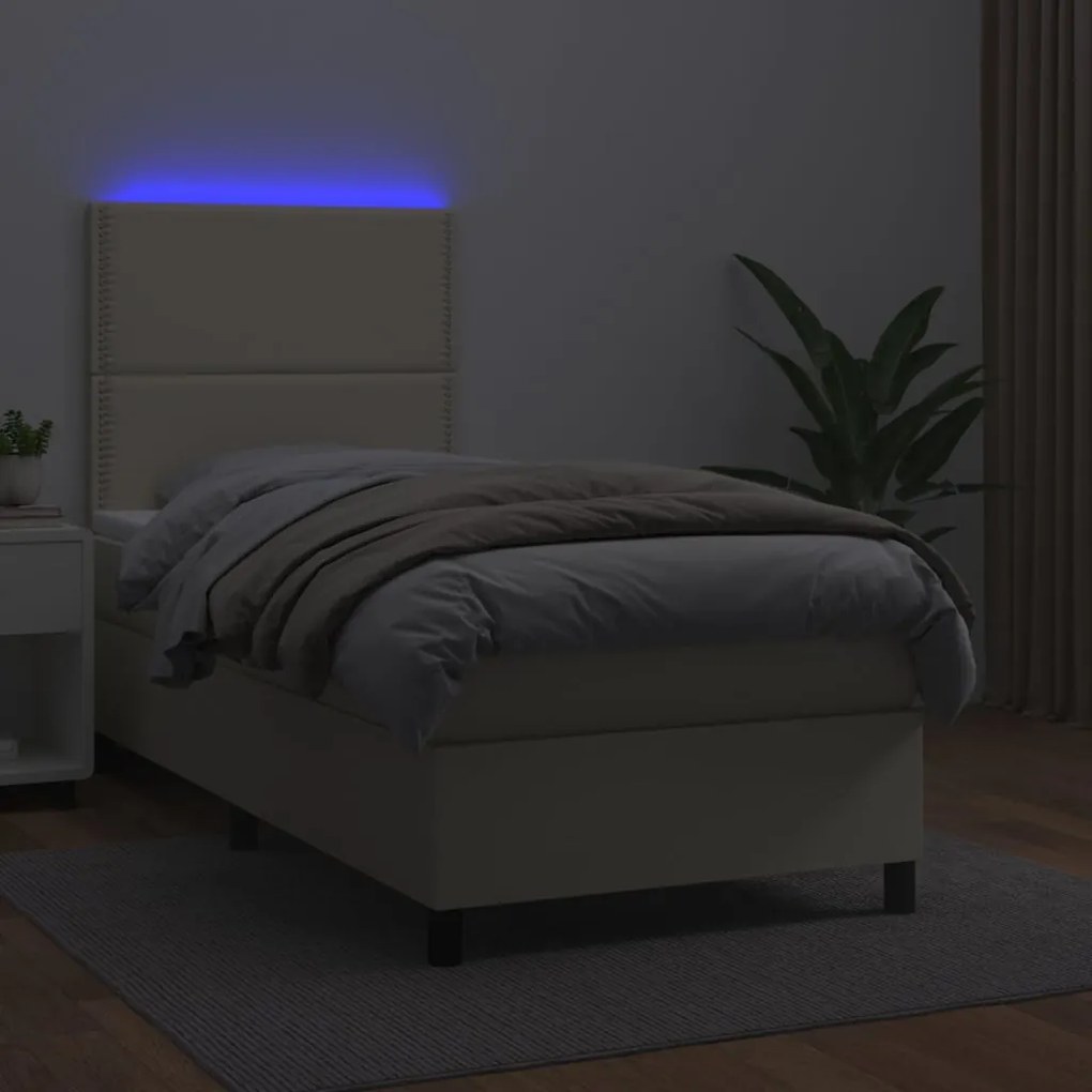 vidaXL Κρεβάτι Boxspring με Στρώμα & LED Κρεμ 100x200 εκ. Συνθ. Δέρμα