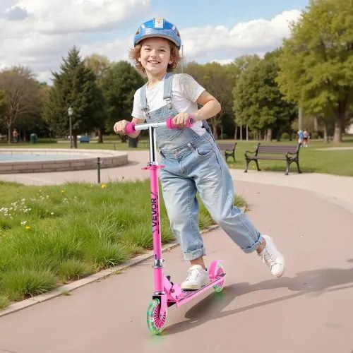 VEVOR Kick Scooter for Kids Ages 3+, 2-Wheel Toddler Scooter with Light-Up Wheels, Adjustable Height Handlebar, Wide Anti-Slip Deck, Foldable Lightweight Frame for Boys and Girls up to 49.9 kg, Pink