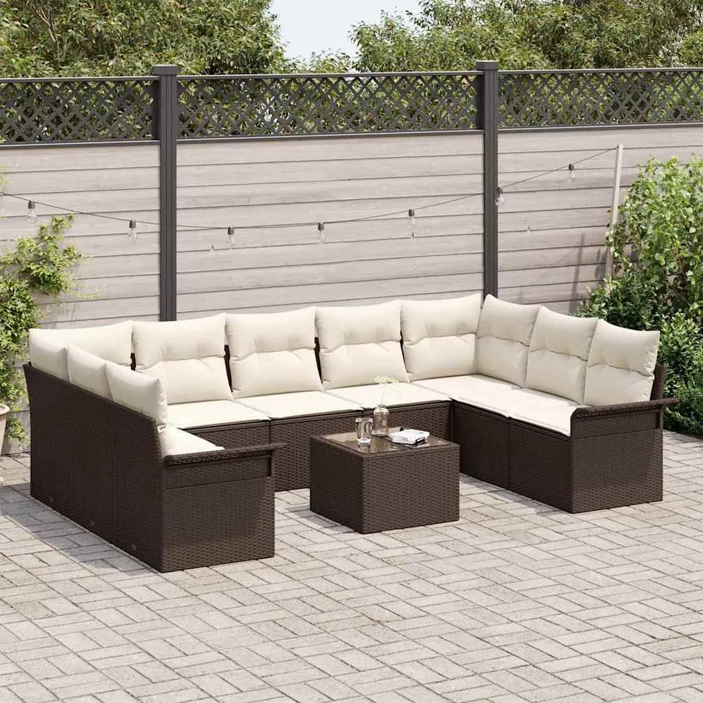 vidaXL Σετ Καναπέ Κήπου με μαξιλάρι 10 pcs Καφέ Πολυ ράταν
