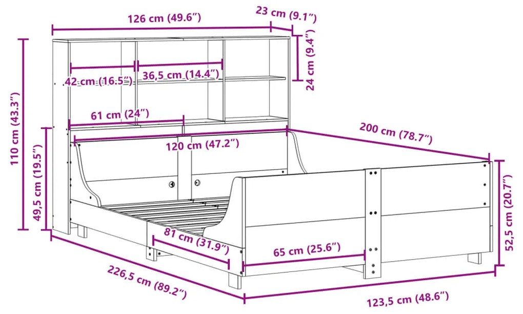 Κρεβάτι Βιβλιοθήκη Χωρίς Στρώμα Καφέ 120x200 εκ Μασίφ Πεύκο - Λευκό