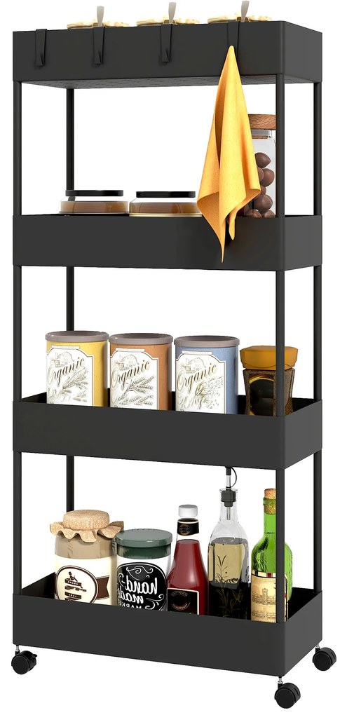 HOMCOM Τροχήλατο καρότσι κουζίνας με 4 ράφια, 4 εύκαμπτους γάντζους, 4 τροχούς, 40 cm x 19 cm x 90 cm, καρότσι για στενούς χώρους, Μαύρο