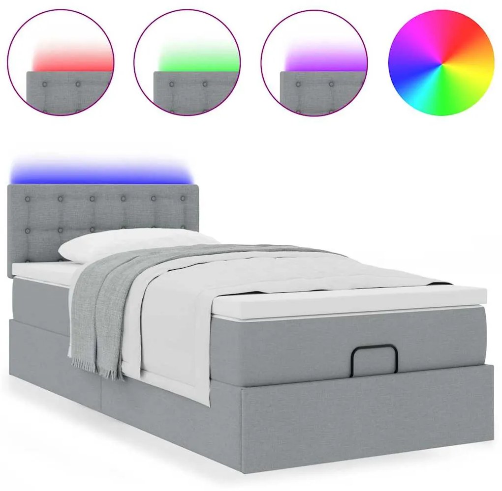 vidaXL Οθωμανικό κρεβάτι με στρώμα & LEDs Ανοιχτό γκρι 90x190cm ύφασμα