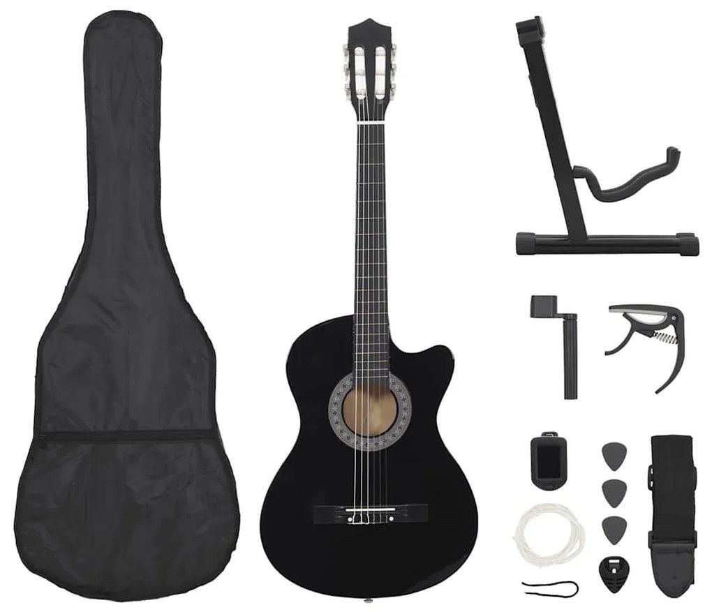 vidaXL Κιθάρα Western Classical Cutaway Σετ 12 Τεμ. 6 Χορδές Μαύρη 38"