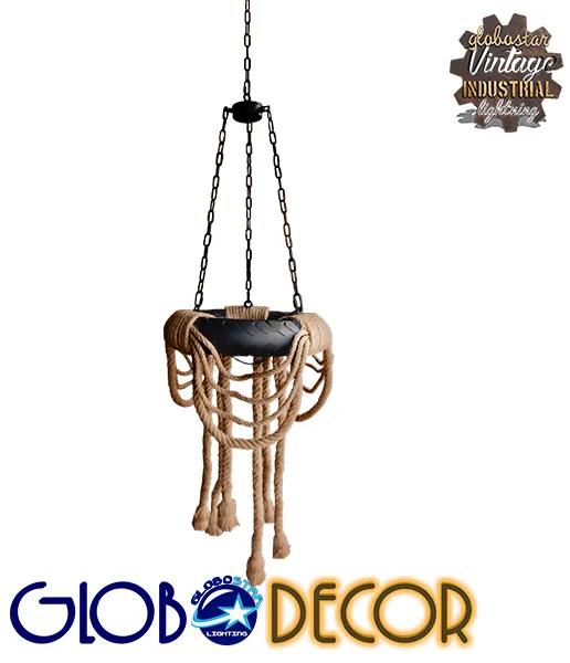 GloboStar® RUNNER 01115 Vintage Industrial Κρεμαστό Φωτιστικό Οροφής Πολύφωτο 6 x E27 Μαύρο με Μπεζ Σχοινί Φ45 x Y60cm