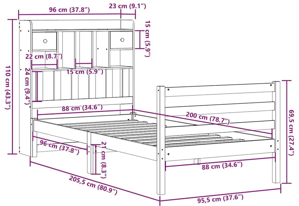 Κρεβάτι Βιβλιοθήκη Χωρίς Στρώμα 90x200 εκ Μασίφ Ξύλο Πεύκου 3321932