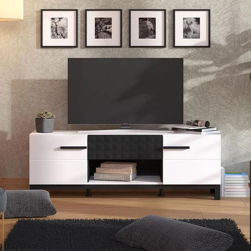 Έπιπλο Τηλεόρασης Sarthe 150 3K1F2V Λευκό - Μαύρο 147x42x51 εκ. 147x42x51 εκ.