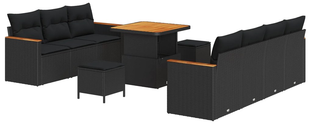 vidaXL Σετ καναπέ κήπου 10 τεμαχίων με μαξιλάρια Μαύρο Πολυ ρατάν Ακακία