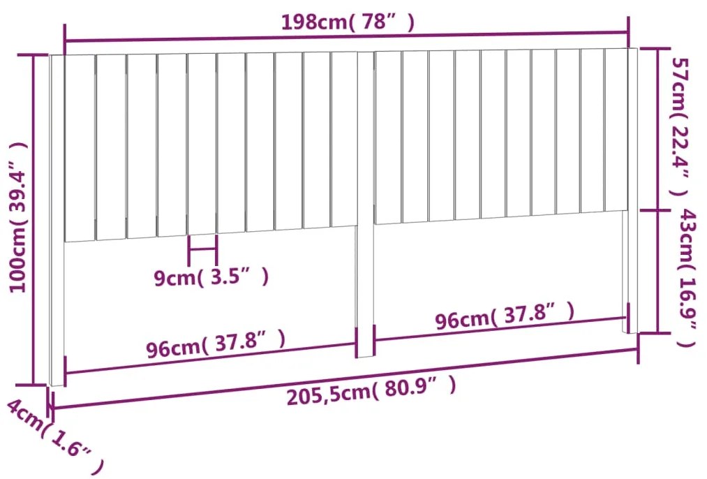 vidaXL Κεφαλάρι Κρεβατιού Λευκό 205,5x4x100 εκ. από Μασίφ Ξύλο Πεύκου