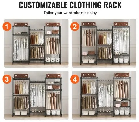 VEVOR Heavy Duty Clothes Rack, Rolling Clothing Garment Rack with 4 Hang Rods &amp; 8 Storage Tiers, Adjustable Custom Closet Rack, Freestanding Wardrobe for Hanging Clothes, 800 lbs Load Capacity