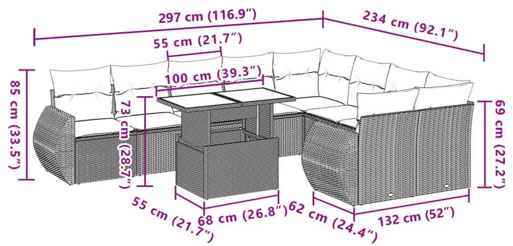 Σαλόνι Κήπου 10 Τεμαχίων Αν. Γκρι Συνθετικό Ρατάν με Μαξιλάρια - Γκρι