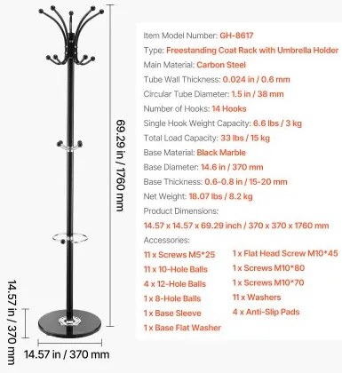 VEVOR Freestanding Coat Rack Stable Marble Base with Umbrella Holder &amp; 14 Hooks