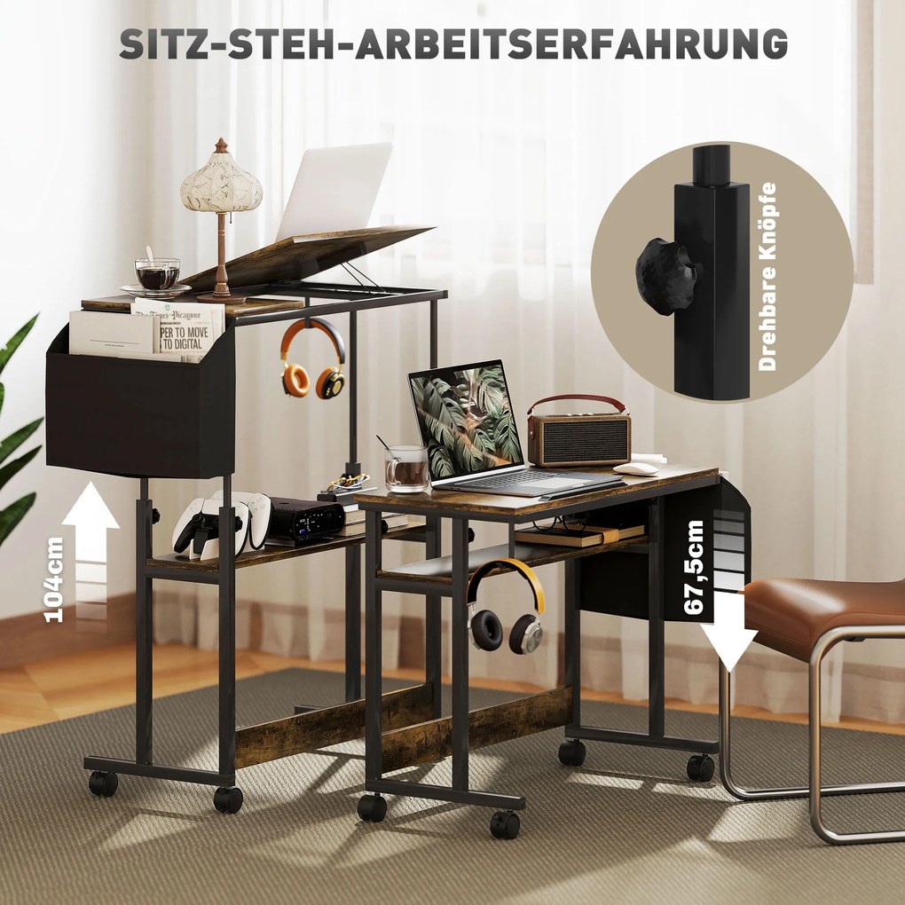 HOMCOM Ρυθμιζόμενο ύψος γραφείο με κλίση επιφάνειας εργασίας, τροχούς, ράφι αποθήκευσης, για γραφή, ανάγνωση, σχέδιο, καφέ