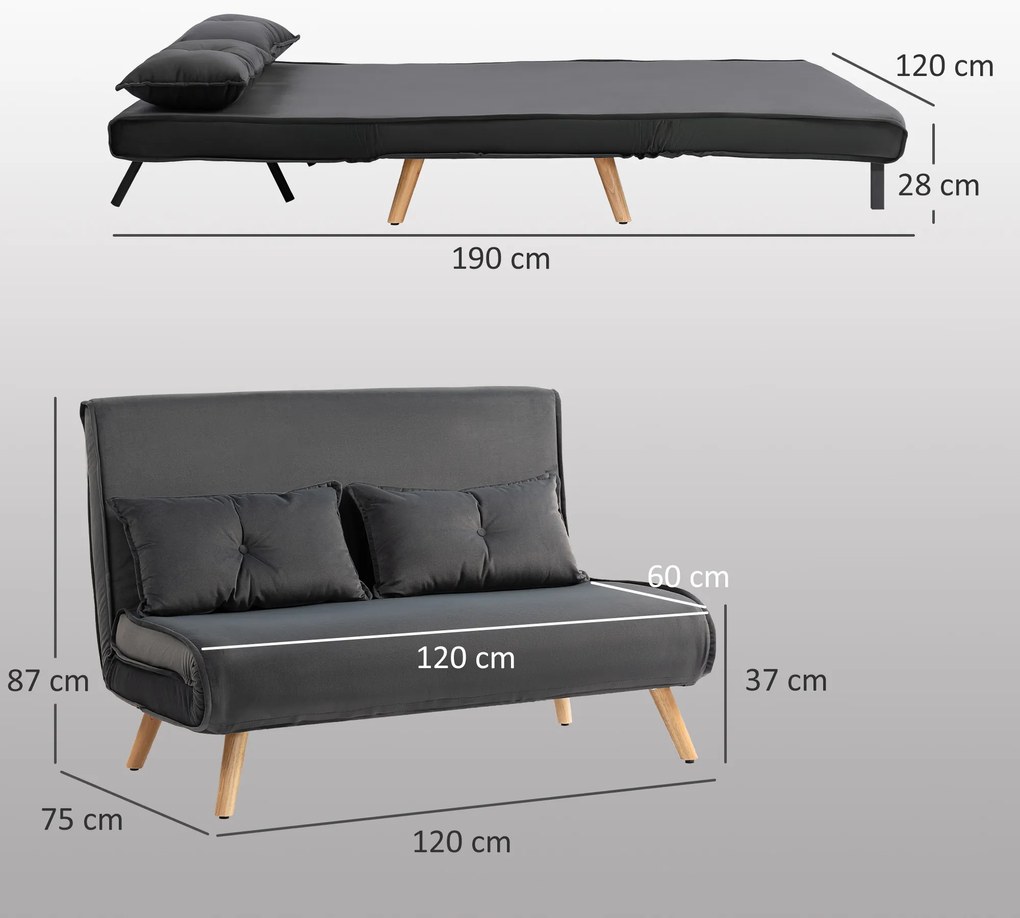 HOMCOM Καναπές-Κρεβάτι 2 Θέσεων, Μετατρέψιμος σε Κρεβάτι, Ρυθμιζόμενη Πλάτη, Υφασμάτινη Επένδυση, Μεταλλικό Πλαίσιο, Γκρι