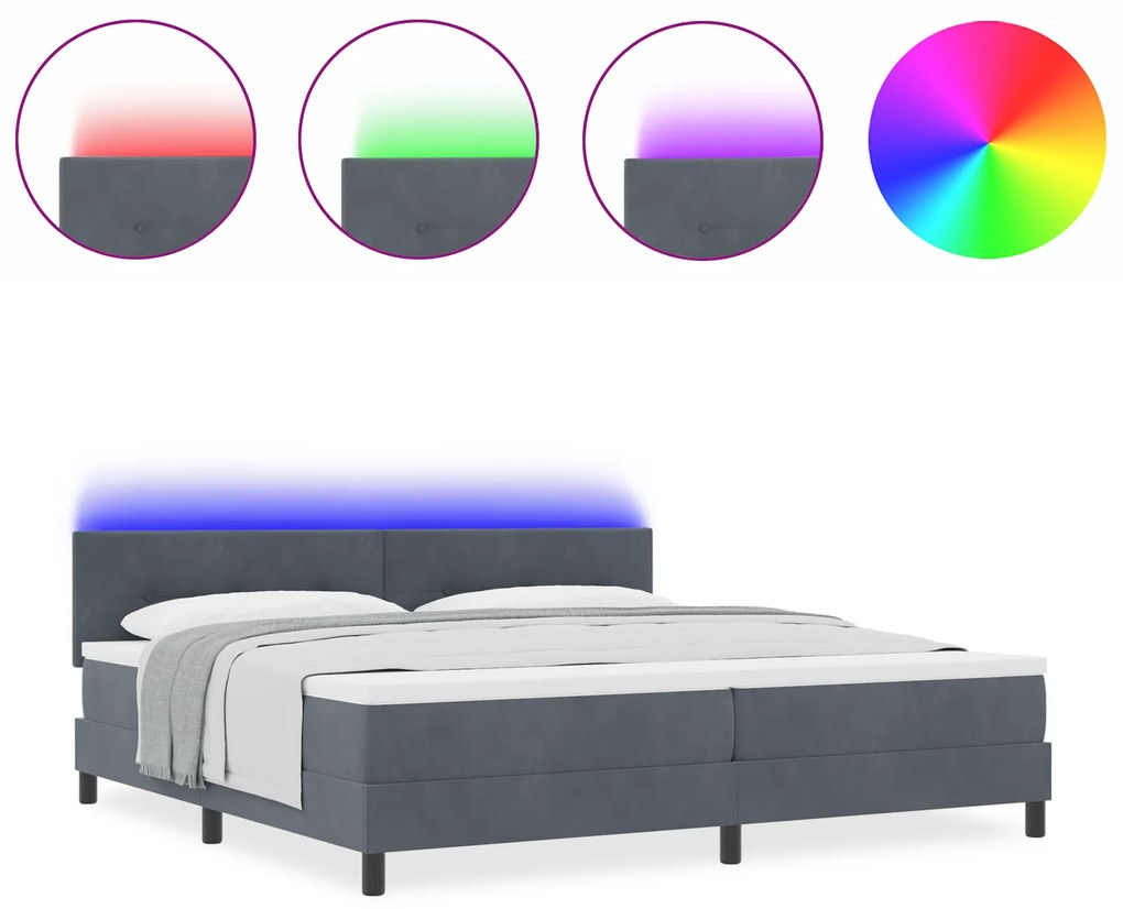 vidaXL Κρεβάτι Box Spring με Στρώμα & LED Σκούρο Γκρι 200x200 εκ. Βελούδο