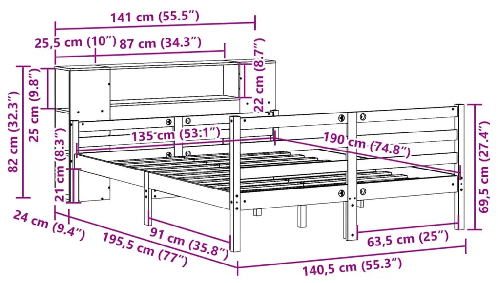 Κρεβάτι Βιβλιοθήκη Χωρίς Στρώμα Λευκό 135x190 εκ Μασίφ Πεύκο - Λευκό