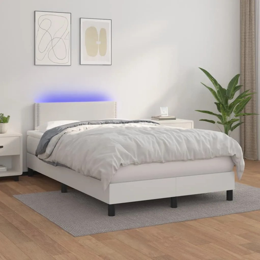 vidaXL Κρεβάτι Boxspring με Στρώμα & LED Λευκό 120x200 εκ. Συνθ. Δέρμα