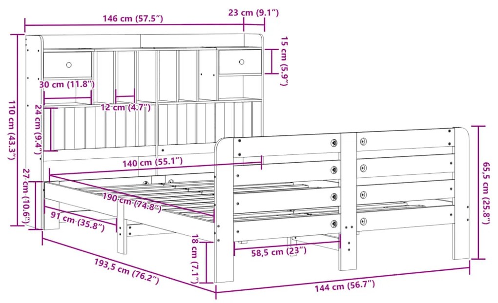 Κρεβάτι Βιβλιοθήκη Χωρίς Στρώμα 140x190 εκ Μασίφ Ξύλο Πεύκου - Καφέ