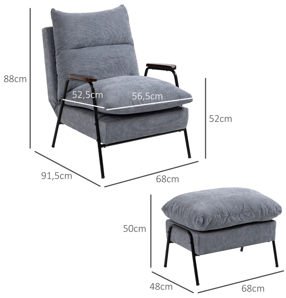 HOMCOM Πολυθρόνα με Οθωμανικό Πολυθρόνα χαλάρωσης, συμπεριλαμβανομένου μαξιλαριού, 68 cm x 91,5 cm x 88 cm, Ανοιχτό γκρι