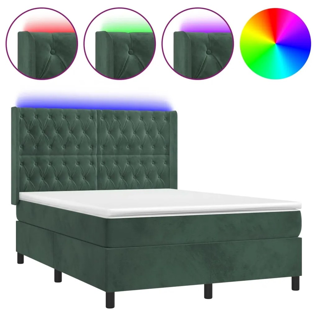 vidaXL Κρεβάτι Boxspring με Στρώμα & LED Σκ. Πράσινο 140x200εκ Βελούδο