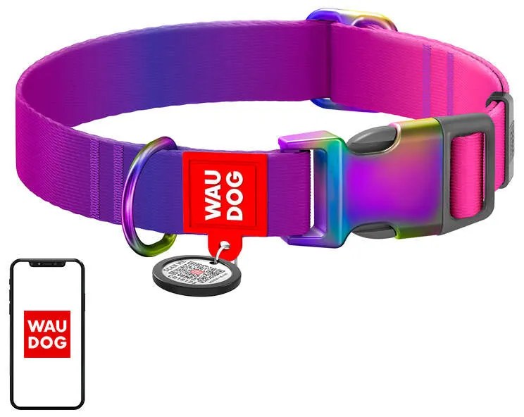 Nylon dog collar with QR code Waudog gradient, purple, size M