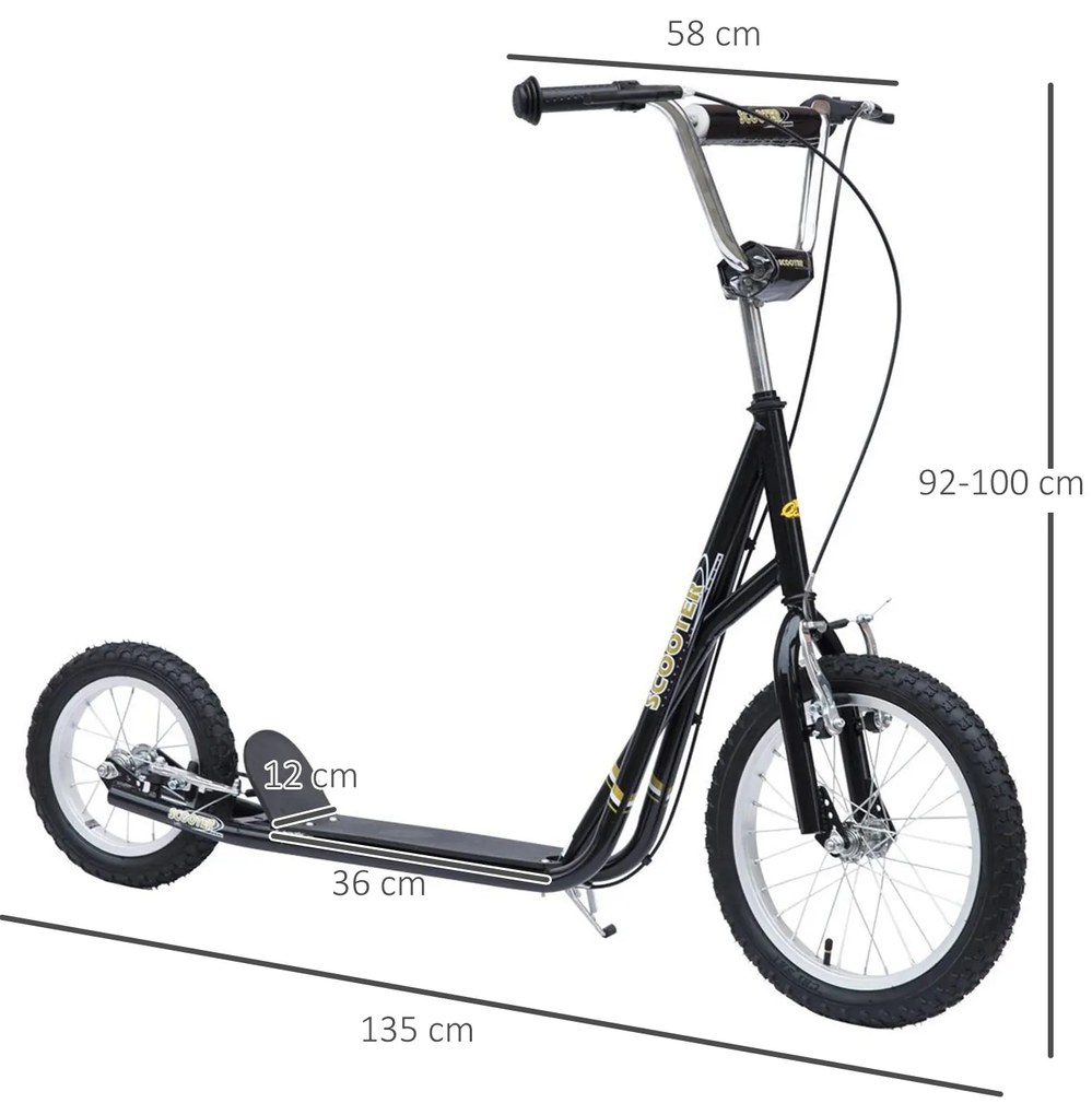 HOMCOM Παιδικό πατίνι 16/12 ιντσών πατίνι με φρένα πατίνι πόλης Kickboard παιδικό πατίνι για παιδιά 5+ ετών Μαύρο 135 x 58 x 92-100 cm