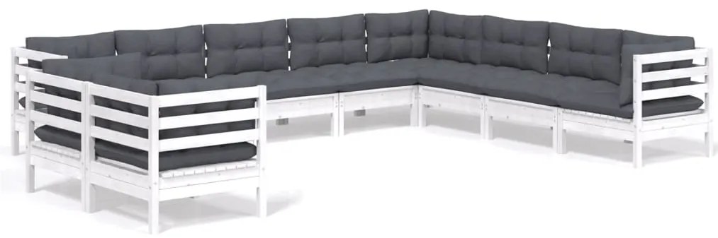 vidaXL Σαλόνι Κήπου Σετ 10 Τεμαχίων Λευκό από Ξύλο Πεύκου με Μαξιλάρια