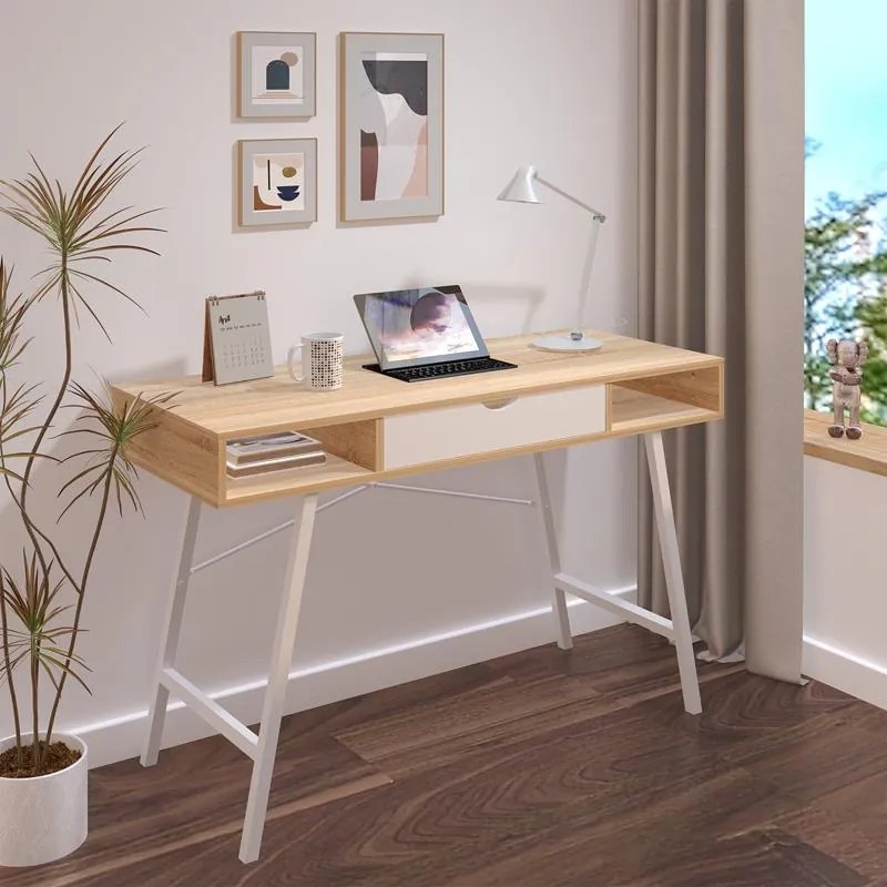 Γραφείο Yamin σε Oak με Λευκό Μεταλλικό Πόδι 120x48x76 εκ. 120x48x76 εκ.
