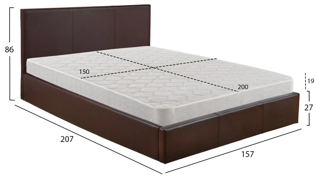 Επενδυμένο Κρεβάτι BOBBI Διπλό με Στρώμα &amp; Αποθηκευτικό χώρο Τεχνόδερμα Καφέ 150x200εκ 157x207x86 εκ.