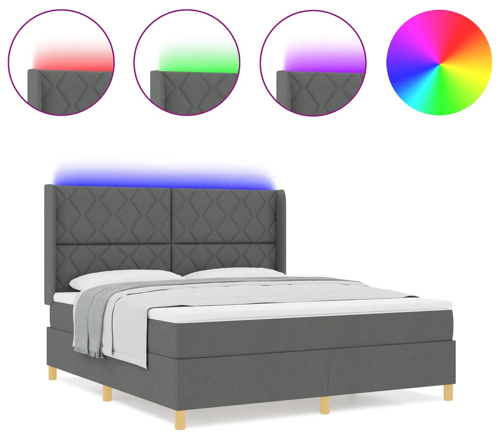 vidaXL Κρεβάτι Box Spring με Στρώμα & LED Σκούρο Γκρι 180x200 εκ Ύφασμα