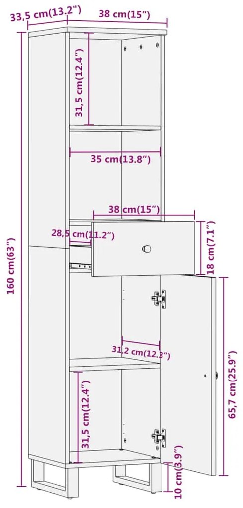 Ντουλάπι Μπάνιου Καφέ/Μαύρο 38x33,5x160 εκ. Μασίφ Ξύλο Μάνγκο - Καφέ