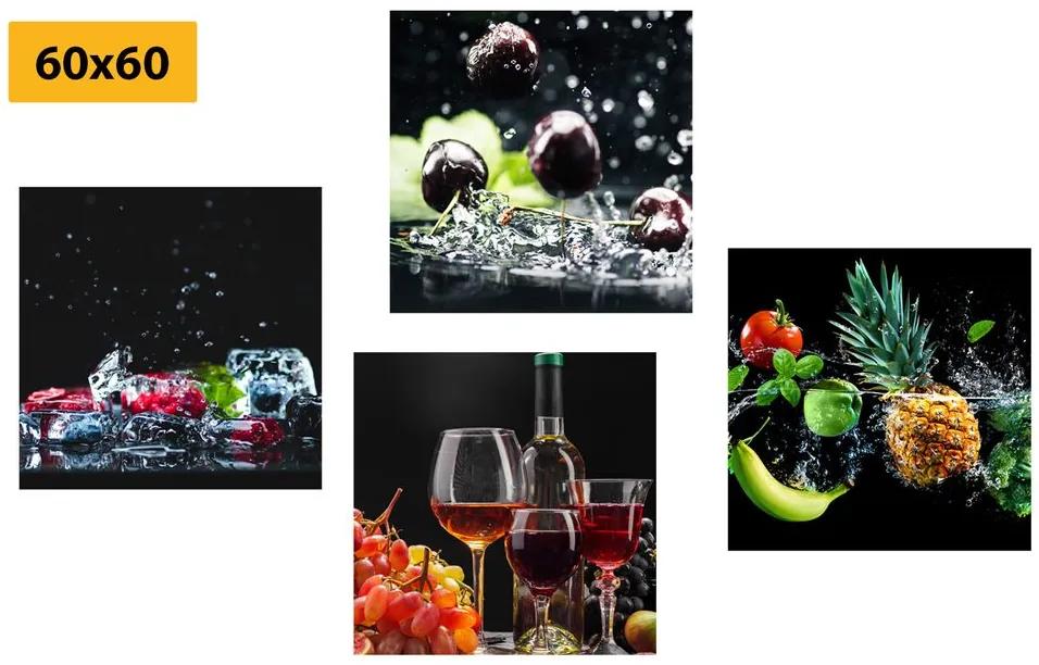 Σετ εικόνων κρασί και κομμάτια φρούτων σε μαύρο φόντο - 4x 60x60