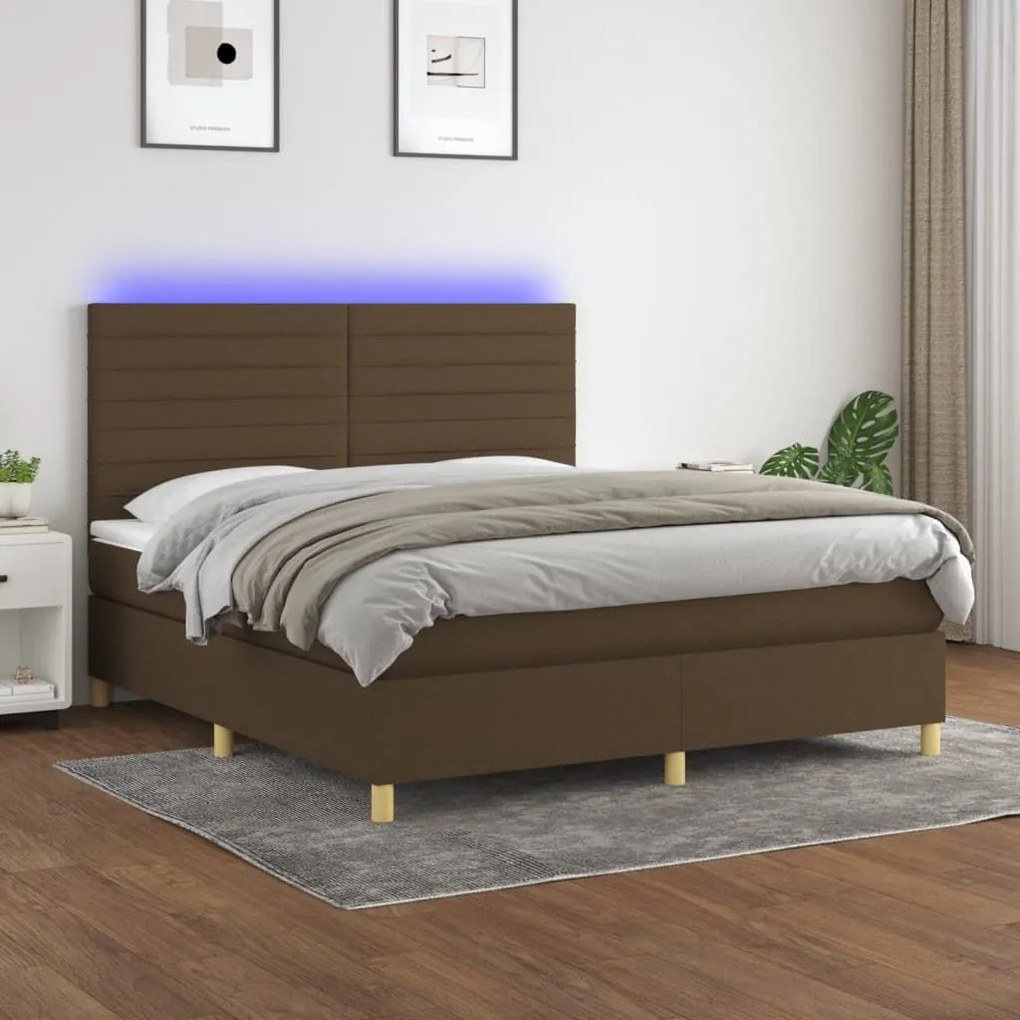 Κρεβάτι Boxspring με Στρώμα &amp; LED Σκ.Καφέ 160x200εκ. Υφασμάτινο - Καφέ