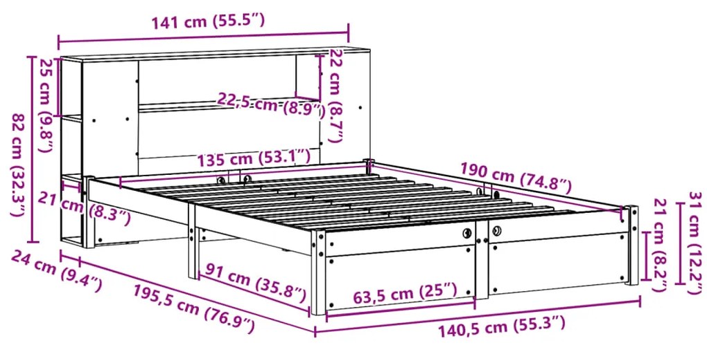 Κρεβάτι Βιβλιοθήκη Χωρίς Στρώμα Λευκό 135x190 εκ Μασίφ Πεύκο - Λευκό