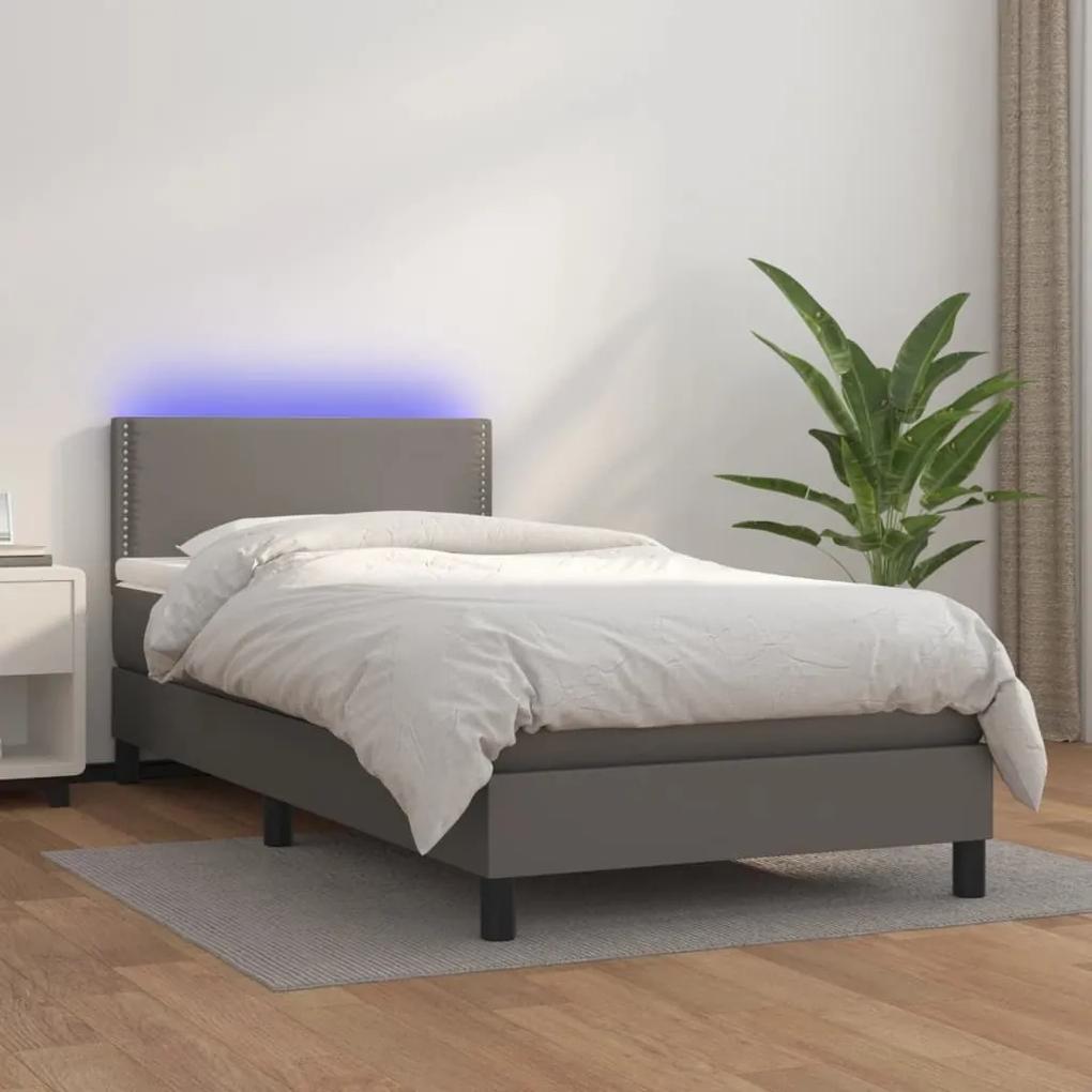 Κρεβάτι Boxspring με Στρώμα &amp; LED Γκρι 90x190 εκ. Συνθ. Δέρμα - Γκρι